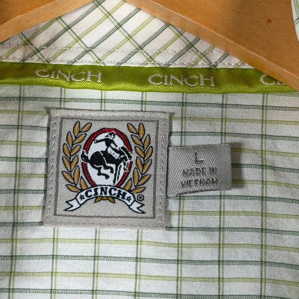 Cinch Mens Green White Micro Check Plaid Button Down Shirt Large MT10321111